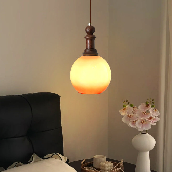 Globe Vintage Traditionnel Dôme Ovale Bois Fer Tissu Verre Suspension 1-Lumière Pour Chambre 