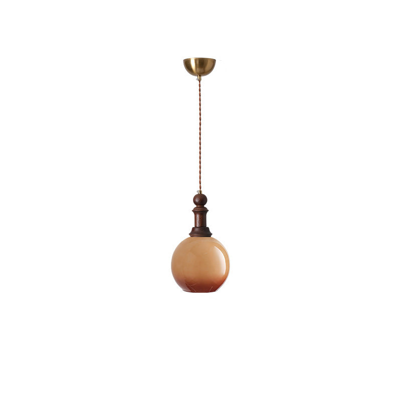 Traditional Vintage Globe Dome Oval Wood Iron Fabric Glass 1-Light Pendant Light For Bedroom