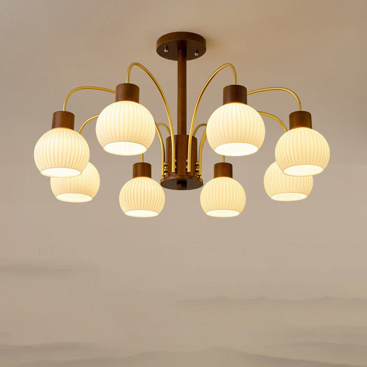 Lámpara de Araña de 6/8 Luces con Pantalla de Vidrio, Marco de Madera Maciza de Hierro Redondo de Rama Retro Contemporánea para Sala de Estar 