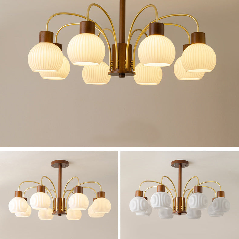 Lámpara de Araña de 6/8 Luces con Pantalla de Vidrio, Marco de Madera Maciza de Hierro Redondo de Rama Retro Contemporánea para Sala de Estar 