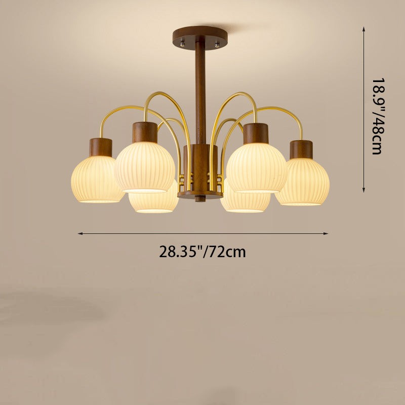 Lámpara de Araña de 6/8 Luces con Pantalla de Vidrio, Marco de Madera Maciza de Hierro Redondo de Rama Retro Contemporánea para Sala de Estar 