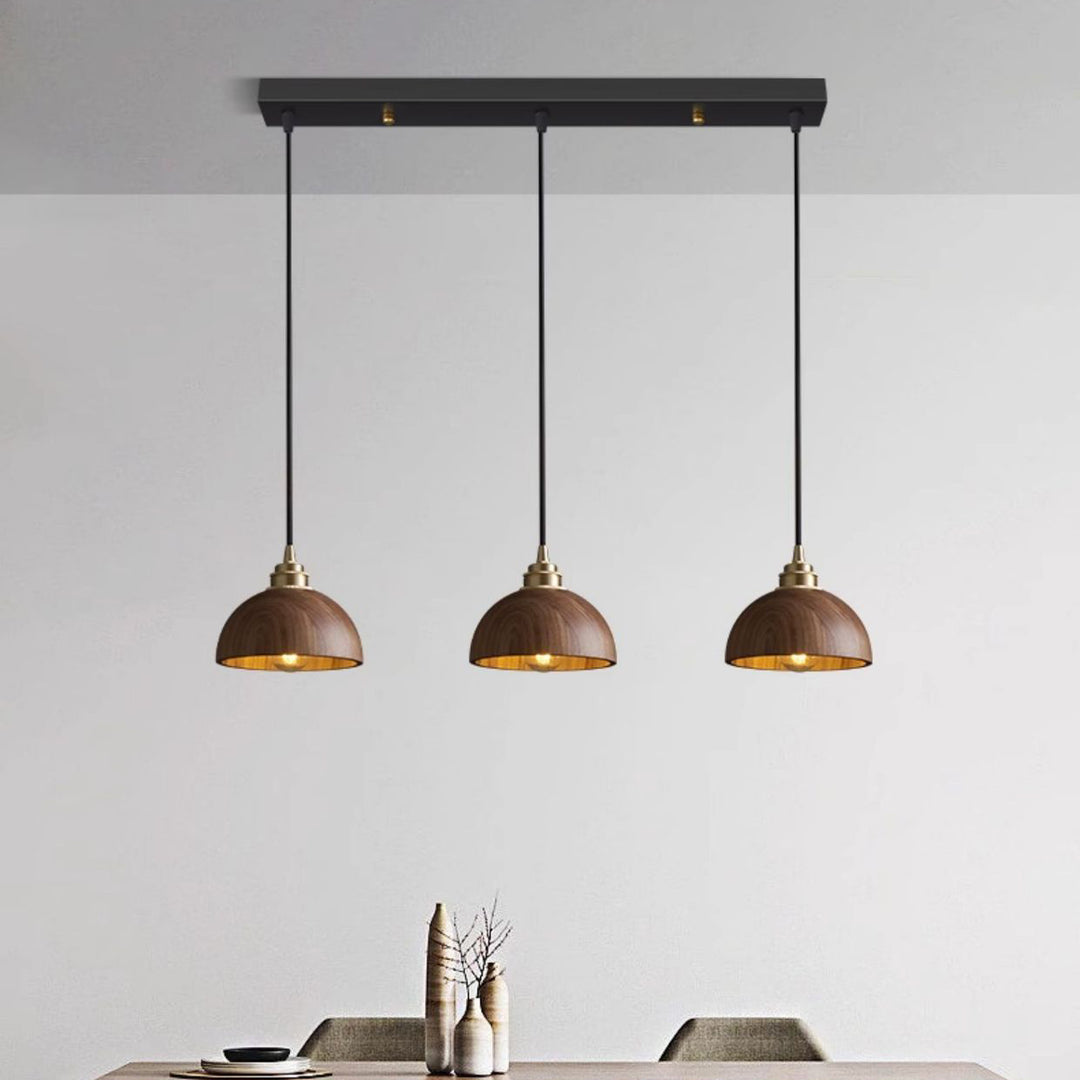 Modern Minimalist Dome Half Round Cylinder Walnut Wood Shade Copper Iron 1/3 Light Island Light Chandelier For Dining Room