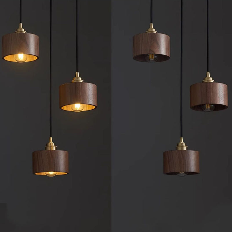 Moderne minimalistische Kuppel Halbrunder Zylinder Walnussholzschirm Kupfereisen 1/3 Licht Insellicht Kronleuchter für Esszimmer 