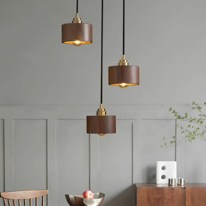 Dôme minimaliste moderne demi-cylindre en bois de noyer avec abat-jour en cuivre et fer, lustre à 1/3 lumières pour salle à manger 