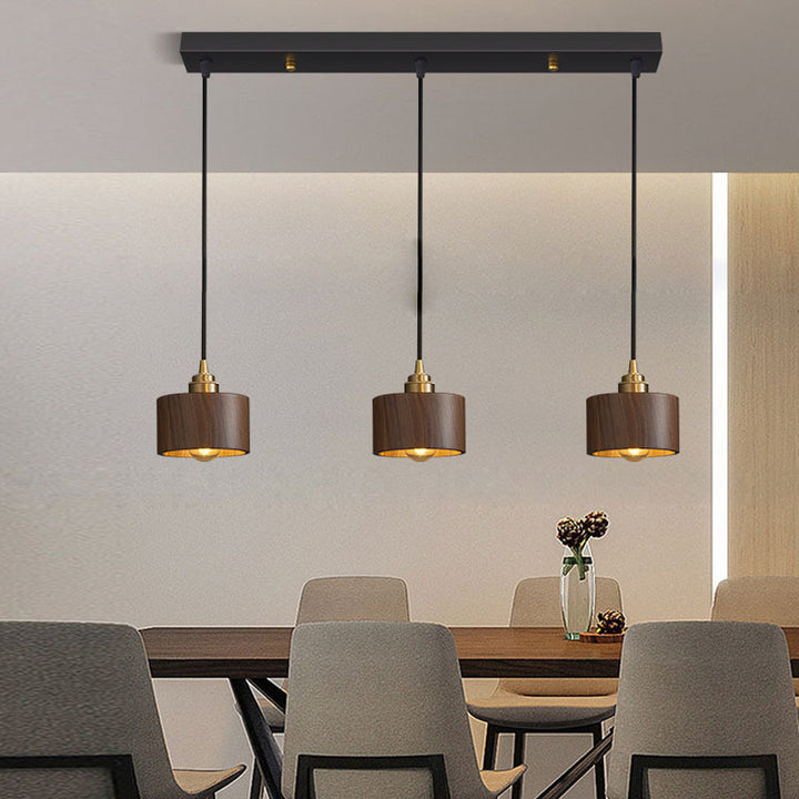 Dôme minimaliste moderne demi-cylindre en bois de noyer avec abat-jour en cuivre et fer, lustre à 1/3 lumières pour salle à manger 