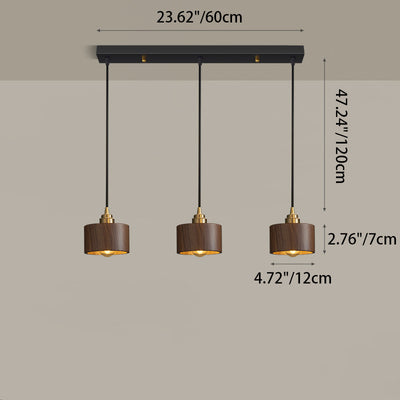 Moderne minimalistische Kuppel Halbrunder Zylinder Walnussholzschirm Kupfereisen 1/3 Licht Insellicht Kronleuchter für Esszimmer 