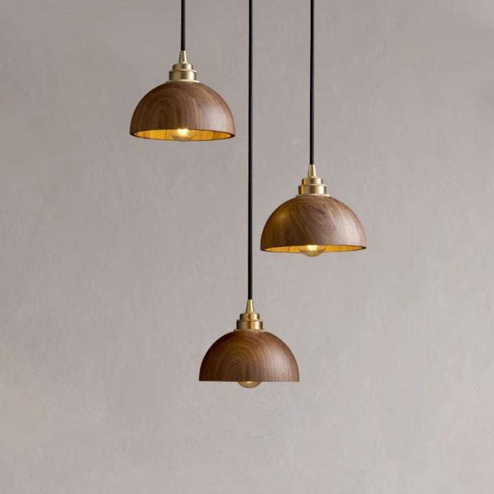Dôme minimaliste moderne demi-cylindre en bois de noyer avec abat-jour en cuivre et fer, lustre à 1/3 lumières pour salle à manger 