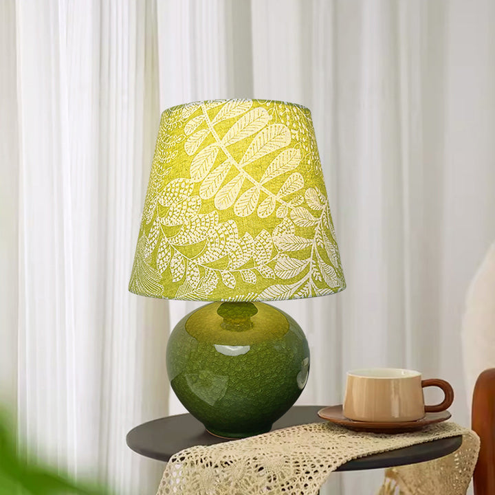 Lampe de table 1 lumière avec abat-jour en tissu floral à feuilles, base en céramique ronde Art Déco moderne pour salon 