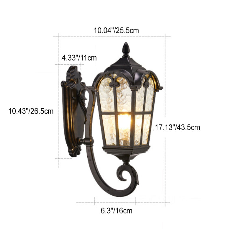 Applique murale extérieure en aluminium à dentelle quadrilatérale européenne traditionnelle avec verre imprimé 1 lumière pour jardin 