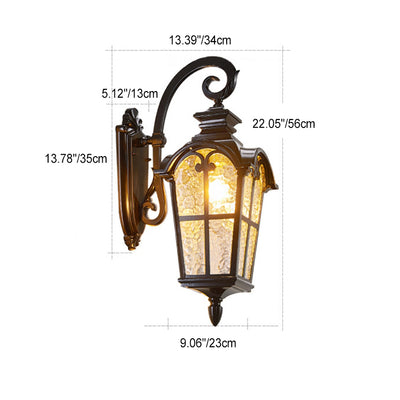 Applique murale extérieure en aluminium à dentelle quadrilatérale européenne traditionnelle avec verre imprimé 1 lumière pour jardin 
