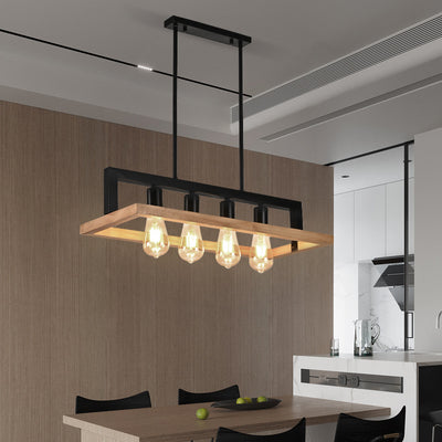 Moderner minimalistischer rechteckiger Holz-Eisen-4-Licht-Insel-Licht-Kronleuchter für das Esszimmer 