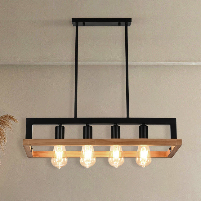 Moderner minimalistischer rechteckiger Holz-Eisen-4-Licht-Insel-Licht-Kronleuchter für das Esszimmer 