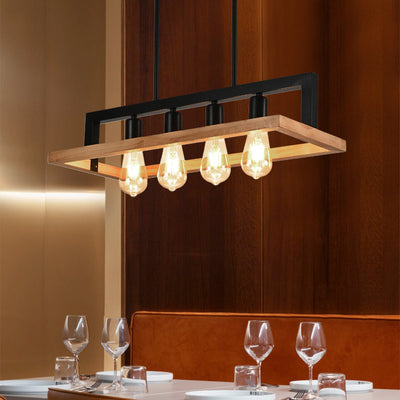 Moderner minimalistischer rechteckiger Holz-Eisen-4-Licht-Insel-Licht-Kronleuchter für das Esszimmer 