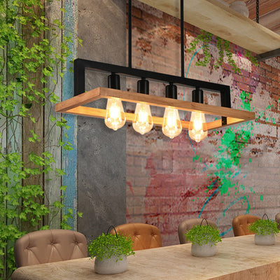 Moderner minimalistischer rechteckiger Holz-Eisen-4-Licht-Insel-Licht-Kronleuchter für das Esszimmer 