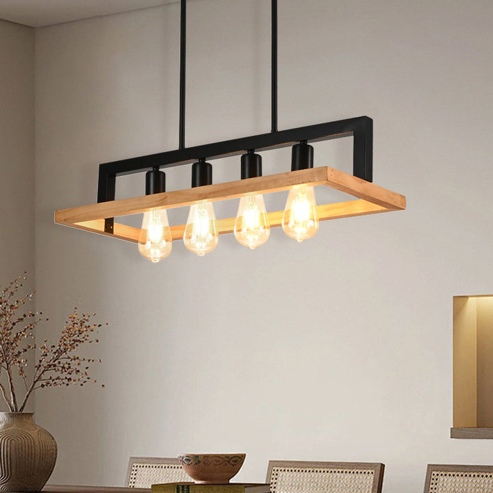 Moderner minimalistischer rechteckiger Holz-Eisen-4-Licht-Insel-Licht-Kronleuchter für das Esszimmer 