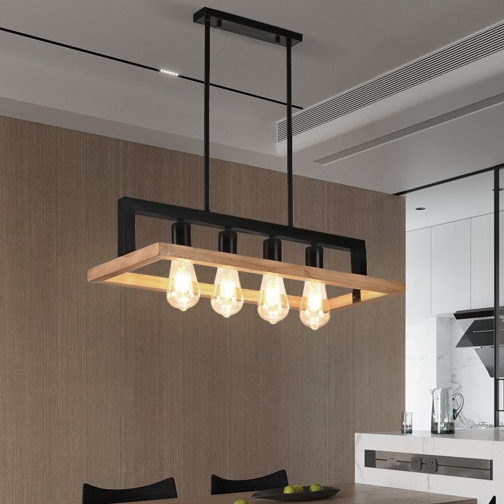 Moderner minimalistischer rechteckiger Holz-Eisen-4-Licht-Insel-Licht-Kronleuchter für das Esszimmer 