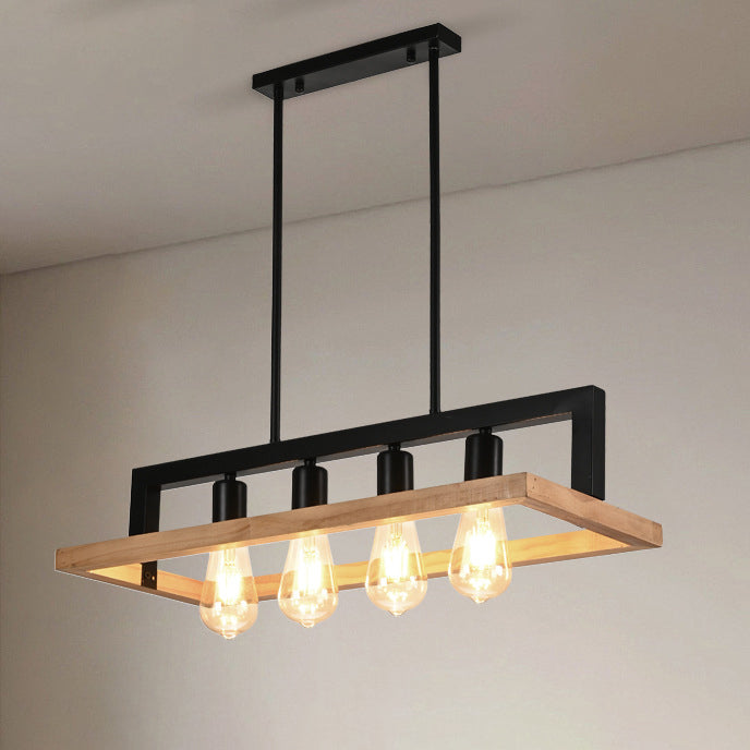 Moderner minimalistischer rechteckiger Holz-Eisen-4-Licht-Insel-Licht-Kronleuchter für das Esszimmer 