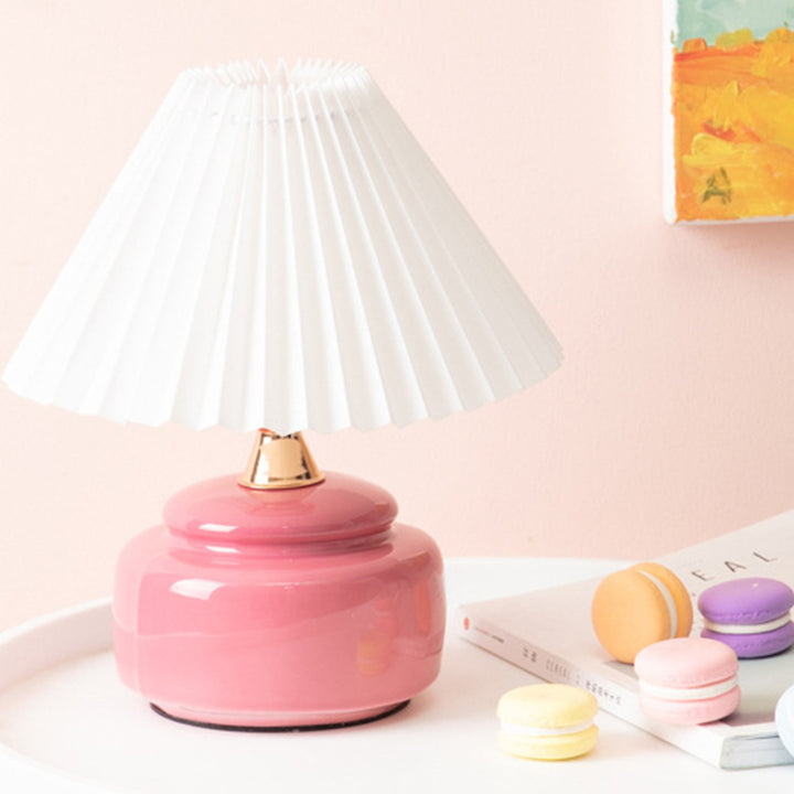 Modern Art Deco Round Ceramic Base Pleated Fabric Shade 1-Light Table Lamp For Bedroom