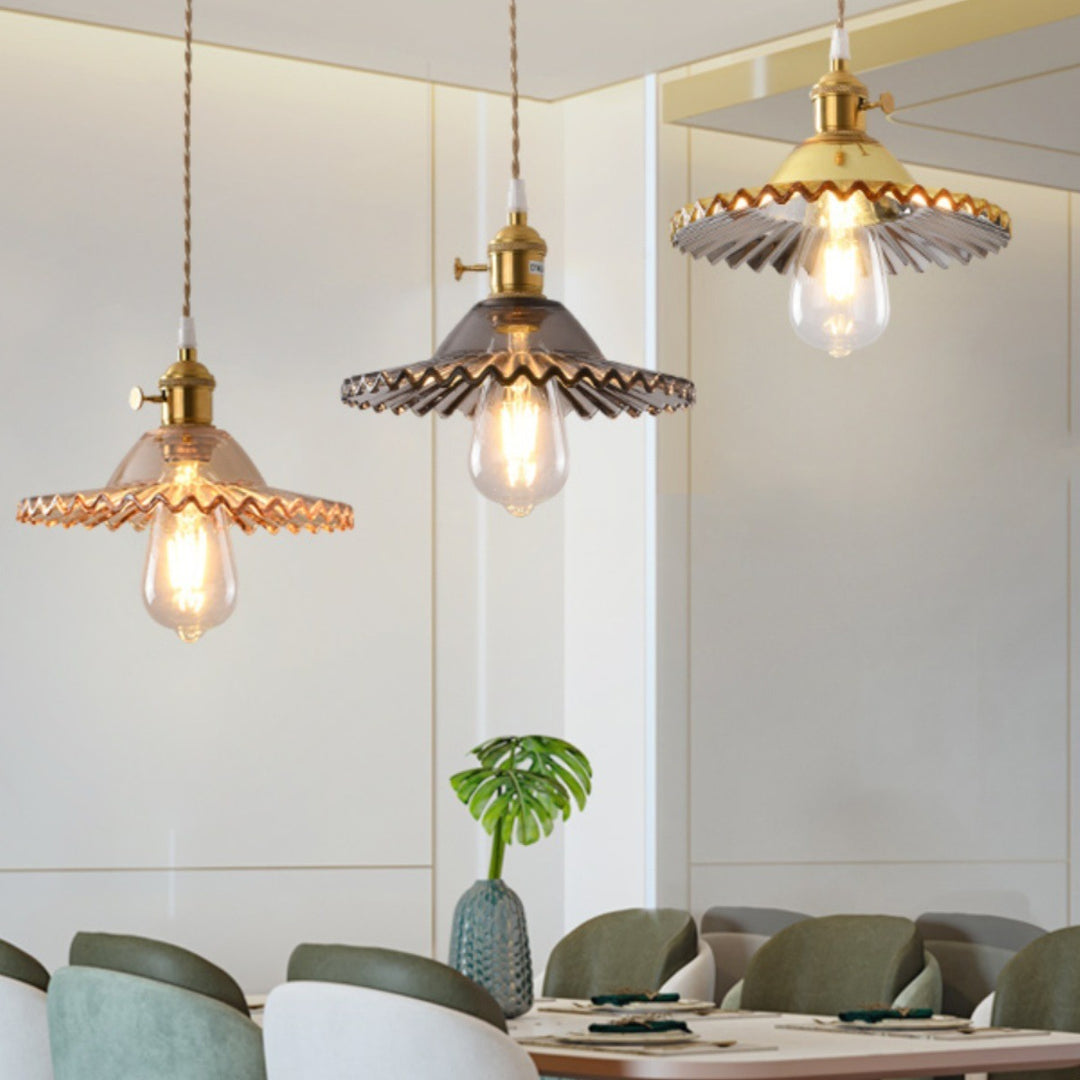 Suspension Luminaire en Cuivre à 1 Lumière avec Dôme Rond Plissé en Verre Vintage Traditionnel pour Chambre 