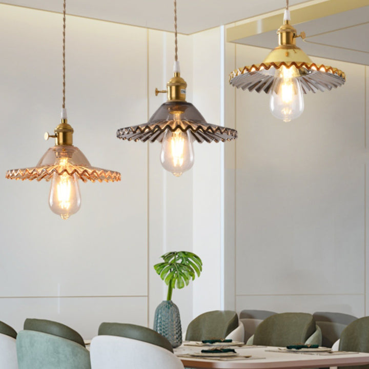 Suspension Luminaire en Cuivre à 1 Lumière avec Dôme Rond Plissé en Verre Vintage Traditionnel pour Chambre 