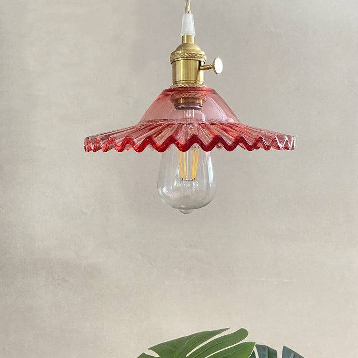 Suspension Luminaire en Cuivre à 1 Lumière avec Dôme Rond Plissé en Verre Vintage Traditionnel pour Chambre 