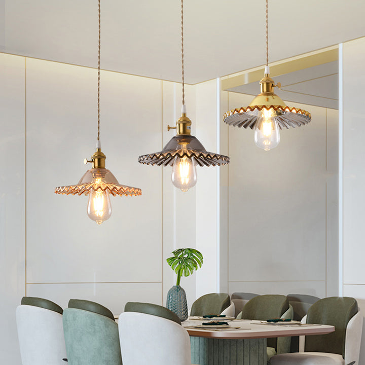 Suspension Luminaire en Cuivre à 1 Lumière avec Dôme Rond Plissé en Verre Vintage Traditionnel pour Chambre 