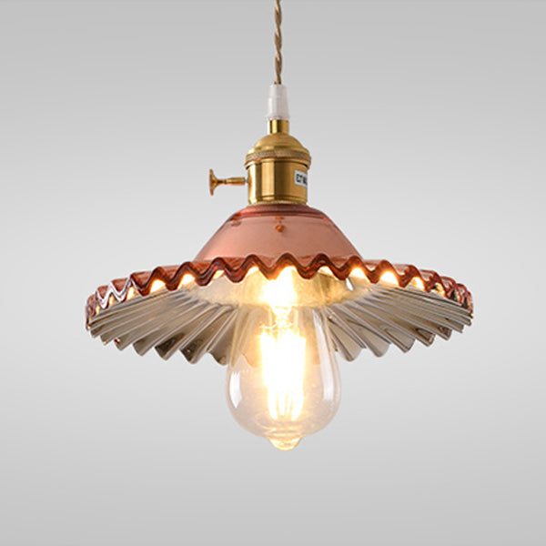 Suspension Luminaire en Cuivre à 1 Lumière avec Dôme Rond Plissé en Verre Vintage Traditionnel pour Chambre 