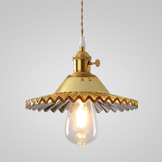 Suspension Luminaire en Cuivre à 1 Lumière avec Dôme Rond Plissé en Verre Vintage Traditionnel pour Chambre 