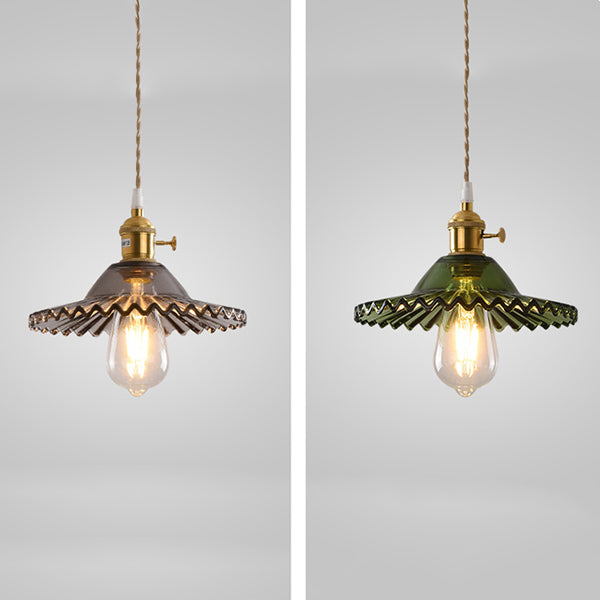 Suspension Luminaire en Cuivre à 1 Lumière avec Dôme Rond Plissé en Verre Vintage Traditionnel pour Chambre 