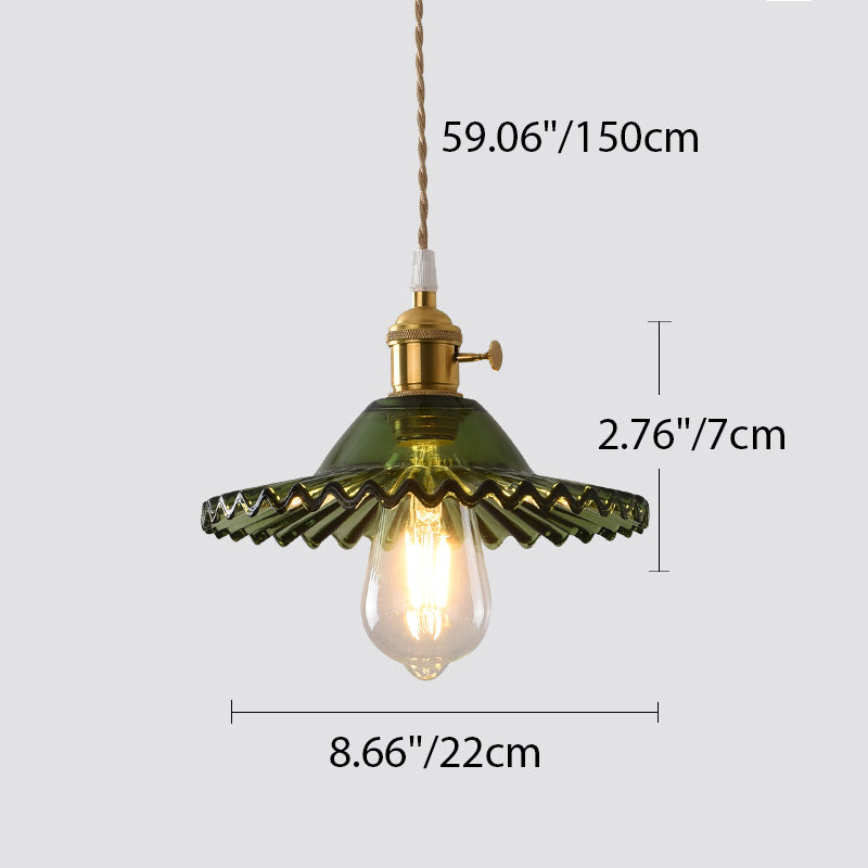 Suspension Luminaire en Cuivre à 1 Lumière avec Dôme Rond Plissé en Verre Vintage Traditionnel pour Chambre 