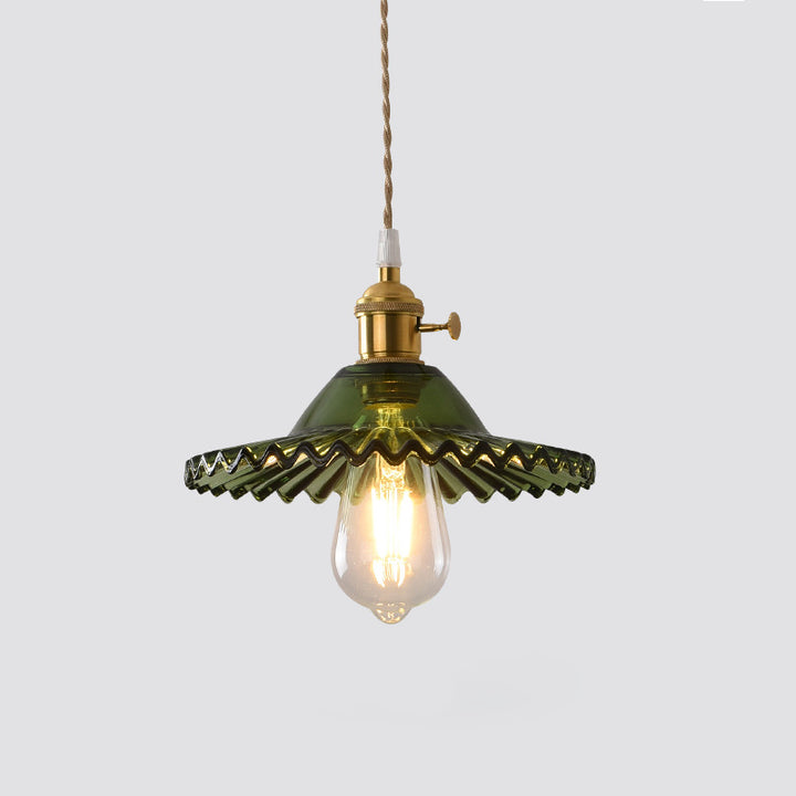 Suspension Luminaire en Cuivre à 1 Lumière avec Dôme Rond Plissé en Verre Vintage Traditionnel pour Chambre 