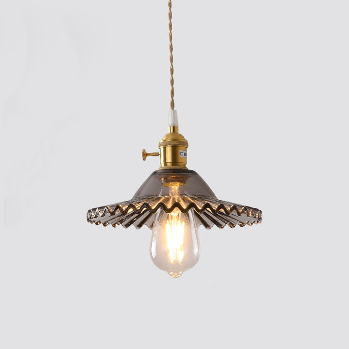 Suspension Luminaire en Cuivre à 1 Lumière avec Dôme Rond Plissé en Verre Vintage Traditionnel pour Chambre 