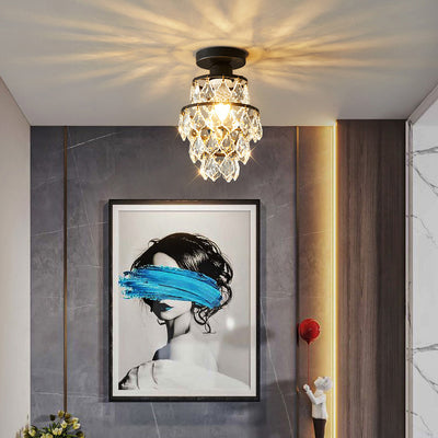 Lustre Plafonnier Semi-Encastré Moderne de Luxe Rond en Cristal avec Cadre en Fer à 1 Lumière pour Salon 
