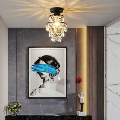 Lustre Plafonnier Semi-Encastré Moderne de Luxe Rond en Cristal avec Cadre en Fer à 1 Lumière pour Salon 