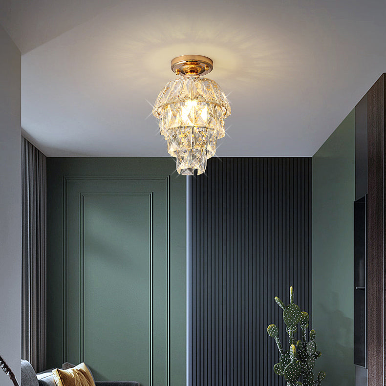 Lustre Plafonnier Semi-Encastré Moderne de Luxe Rond en Cristal avec Cadre en Fer à 1 Lumière pour Salon 