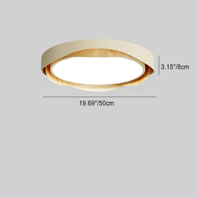 Plafonnier LED contemporain rond en grain de bois avec cadre en fer et abat-jour en acrylique pour chambre à coucher 