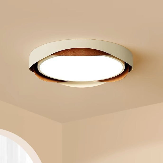 Plafonnier LED contemporain rond en grain de bois avec cadre en fer et abat-jour en acrylique pour chambre à coucher 