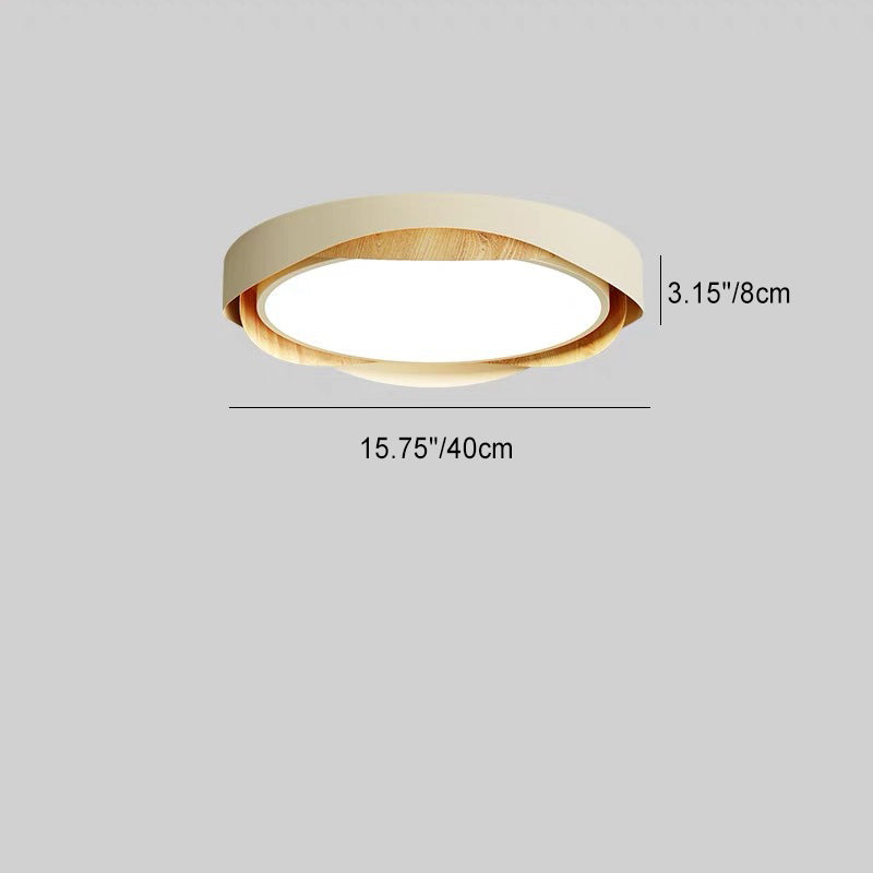 Plafonnier LED contemporain rond en grain de bois avec cadre en fer et abat-jour en acrylique pour chambre à coucher 