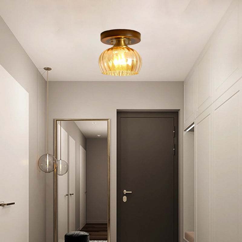 Lustre semi-encastré 1 lumière en forme de cylindre rond rétro contemporain en bois et verre pour salon 