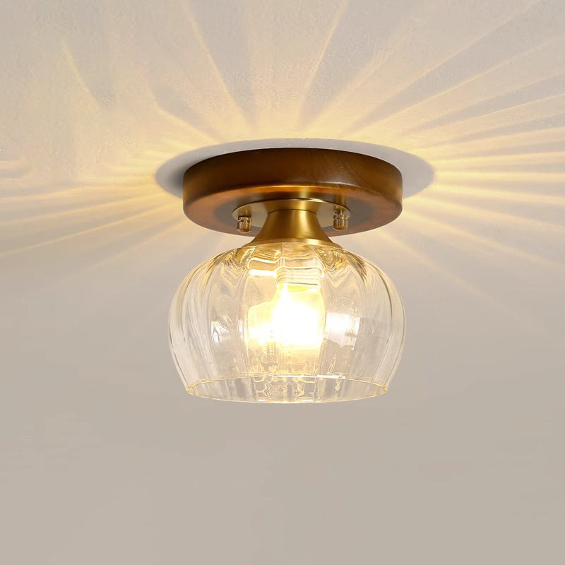 Lustre semi-encastré 1 lumière en forme de cylindre rond rétro contemporain en bois et verre pour salon 