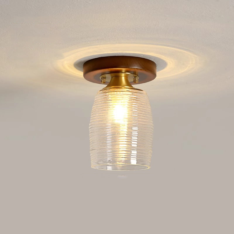 Lustre semi-encastré 1 lumière en forme de cylindre rond rétro contemporain en bois et verre pour salon 