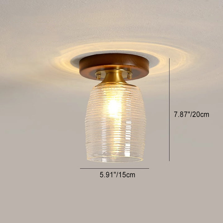 Lustre semi-encastré 1 lumière en forme de cylindre rond rétro contemporain en bois et verre pour salon 
