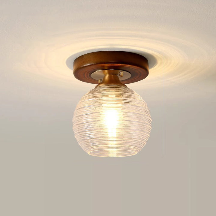 Lustre semi-encastré 1 lumière en forme de cylindre rond rétro contemporain en bois et verre pour salon 