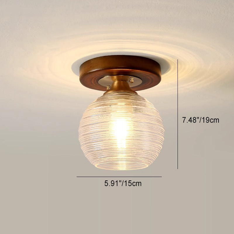 Lustre semi-encastré 1 lumière en forme de cylindre rond rétro contemporain en bois et verre pour salon 