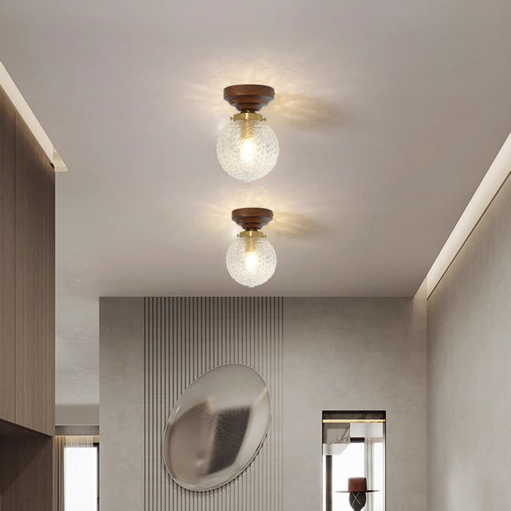 Plafonnier semi-encastré à 1 lumière en bois et verre avec feuille orbe traditionnelle française pour salon 