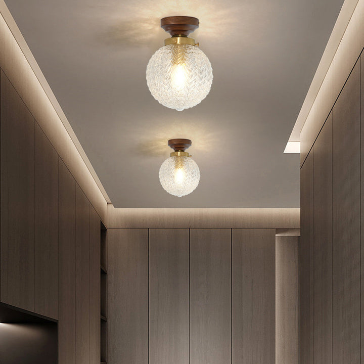 Plafonnier semi-encastré à 1 lumière en bois et verre avec feuille orbe traditionnelle française pour salon 