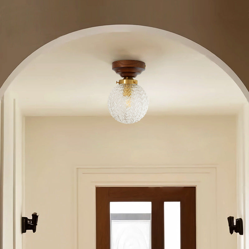 Plafonnier semi-encastré à 1 lumière en bois et verre avec feuille orbe traditionnelle française pour salon 