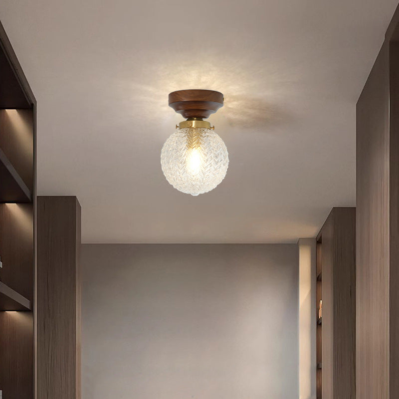 Plafonnier semi-encastré à 1 lumière en bois et verre avec feuille orbe traditionnelle française pour salon 