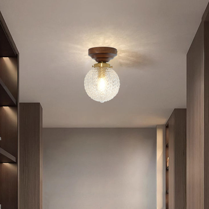 Plafonnier semi-encastré à 1 lumière en bois et verre avec feuille orbe traditionnelle française pour salon 