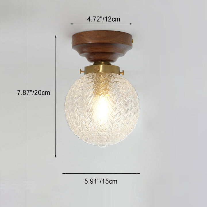 Plafonnier semi-encastré à 1 lumière en bois et verre avec feuille orbe traditionnelle française pour salon 